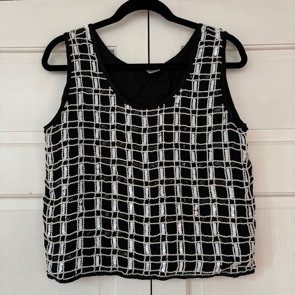 Vintage Silk Beaded Sequin Black White Grid Pattern Women's Tank Top Size Small